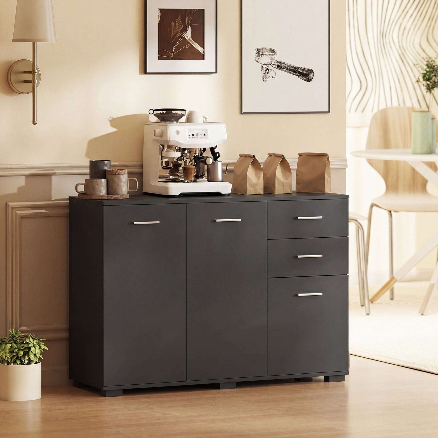 Sideboard, Modern Storage Cabinet with 2 Drawers, 3 Doors and Adjustable Shelves, Black / White