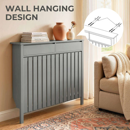 MDF & Particle Board Radiator Cover with 2 Drawers | Vertical Slats | Flat Top Display Surface | Wall Mountable | Pre-Cut Outs | 18kg Capacity | 119x19x93cm | Grey