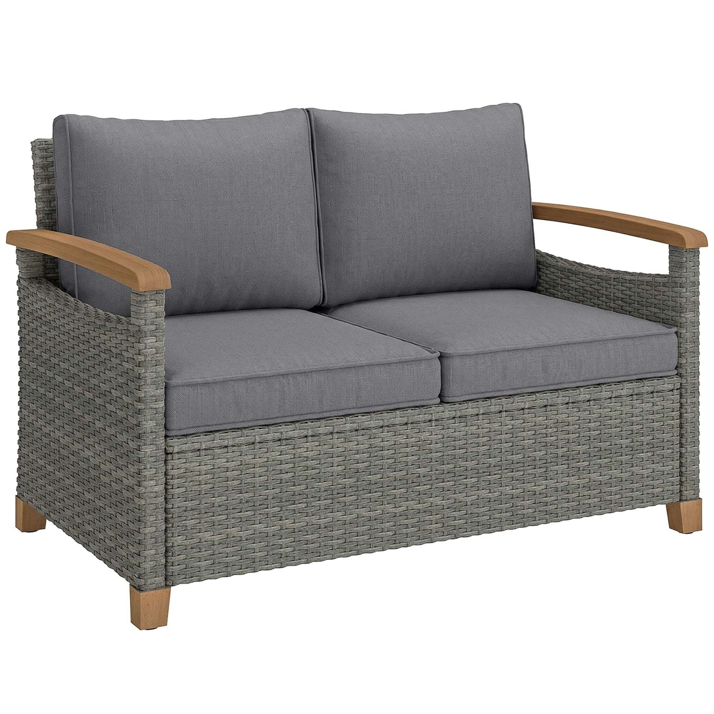 2 Seater Rattan Garden Sofa | Acacia Wood Armrests | Thick Cushions | Powder Coated Steel | Adjustable Feet | 124x74x79cm | 240kg | Dark Grey