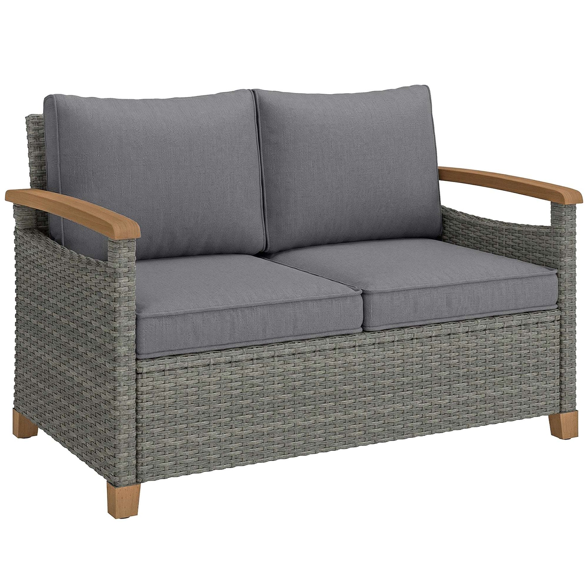 2 Seater Rattan Garden Sofa | Acacia Wood Armrests | Thick Cushions | Powder Coated Steel | Adjustable Feet | 124x74x79cm | 240kg | Dark Grey