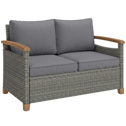 2 Seater Rattan Garden Sofa | Acacia Wood Armrests | Thick Cushions | Powder Coated Steel | Adjustable Feet | 124x74x79cm | 240kg | Dark Grey