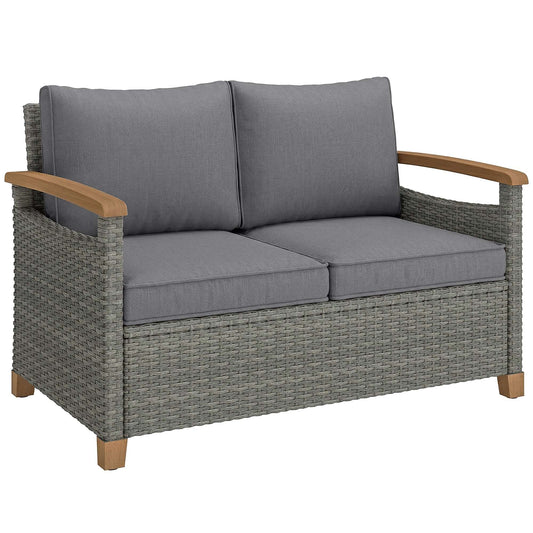 2 Seater Rattan Garden Sofa | Acacia Wood Armrests | Thick Cushions | Powder Coated Steel | Adjustable Feet | 124x74x79cm | 240kg | Dark Grey