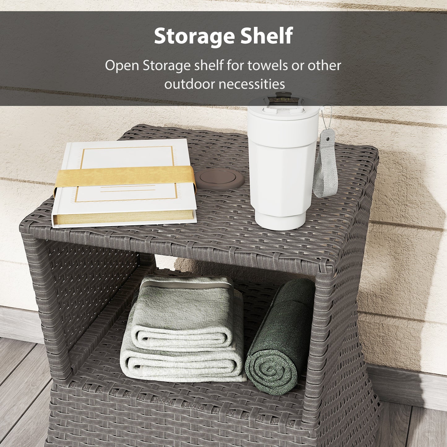 Rattan Garden Bistro Coffee Table | 54x54x55cm | Umbrella Hole 38mm | Open Storage Shelf | PE Wicker Metal Frame | 30kg | Dark Grey