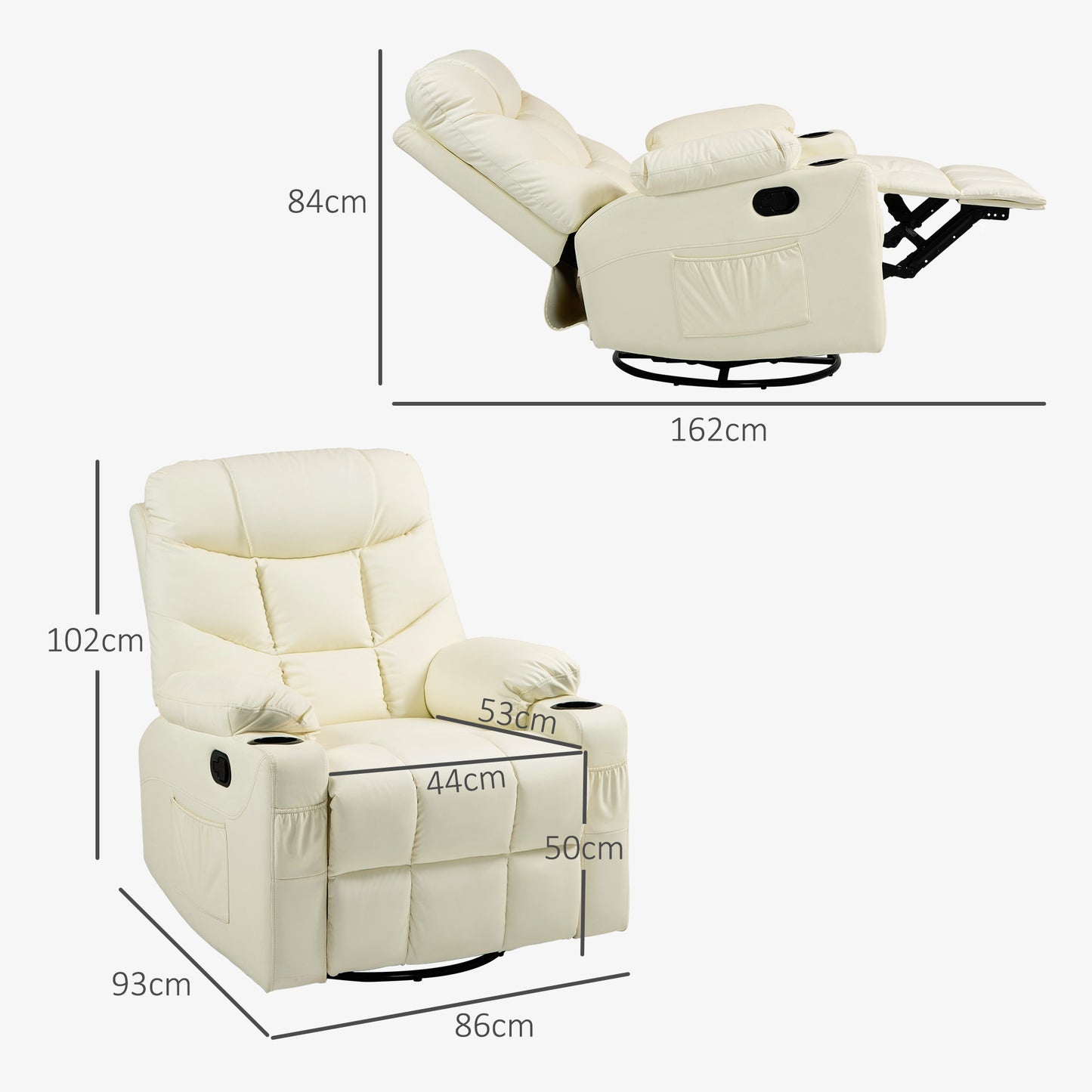 Manual Reclining Chair, Recliner Armchair with Swivel, Faux Leather, Footrest, Cup Holders, 86x93x102cm, Cream