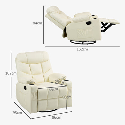 Manual Reclining Chair, Recliner Armchair with Swivel, Faux Leather, Footrest, Cup Holders, 86x93x102cm, Cream