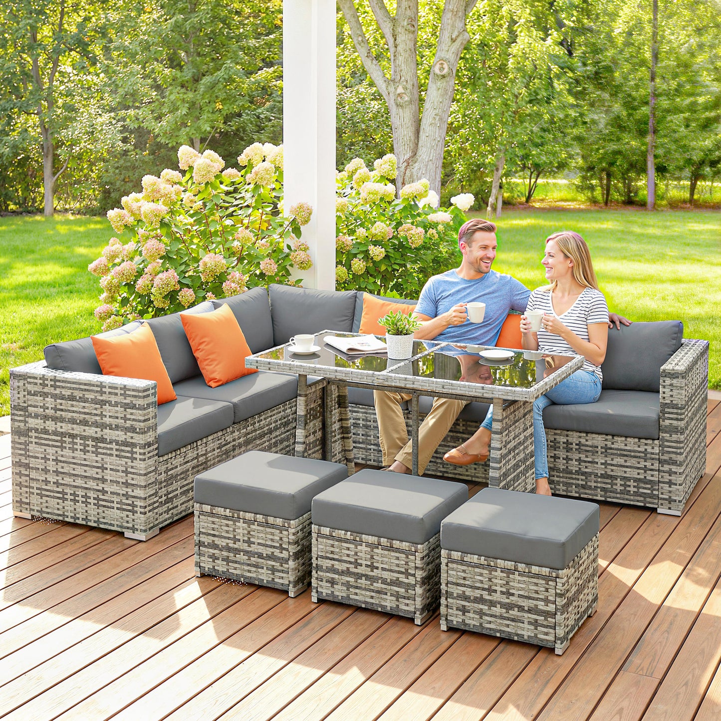 10-Piece PE Rattan Garden Furniture Set | 6 Chairs | 3 Footstools | Tempered Glass Dining Table | 10cm Zip Cushions | 4 Accent Pillows | L-Shaped Feet | 120kg Capacity | Grey & Dark Grey