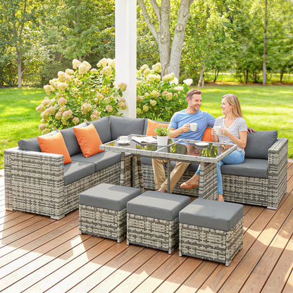 10-Piece PE Rattan Garden Furniture Set | 6 Chairs | 3 Footstools | Tempered Glass Dining Table | 10cm Zip Cushions | 4 Accent Pillows | L-Shaped Feet | 120kg Capacity | Grey & Dark Grey