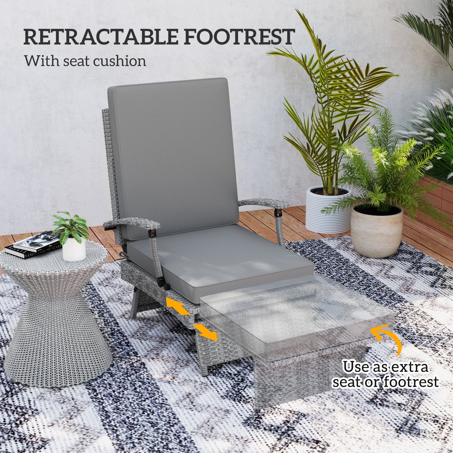 Outsunny 80° Reclining Rattan Lounger - Grey / White Beige