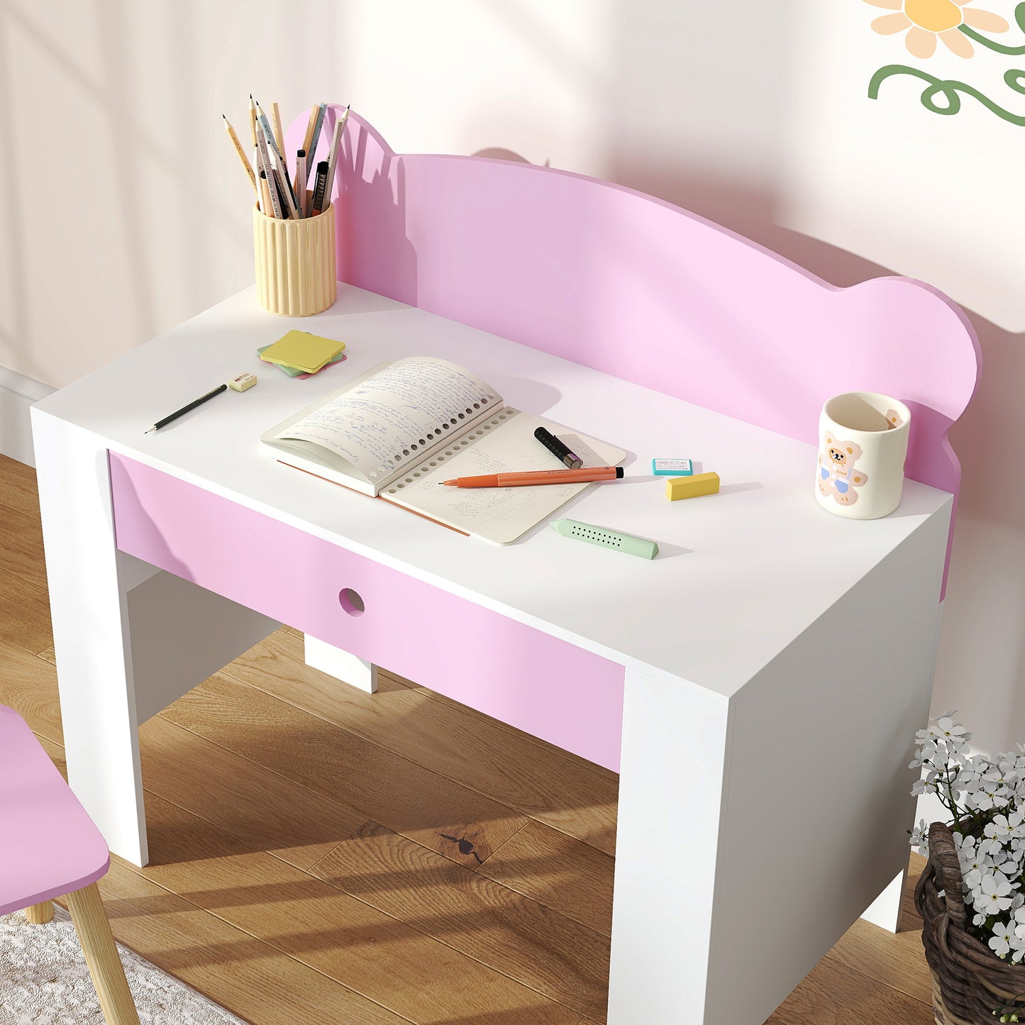 Kids Desk & Chair Set with Drawer – Bear Theme, Easy-Clean Surface, 80cm Desk, For Drawing, Reading & Crafts, Ages 3–8 – Pink