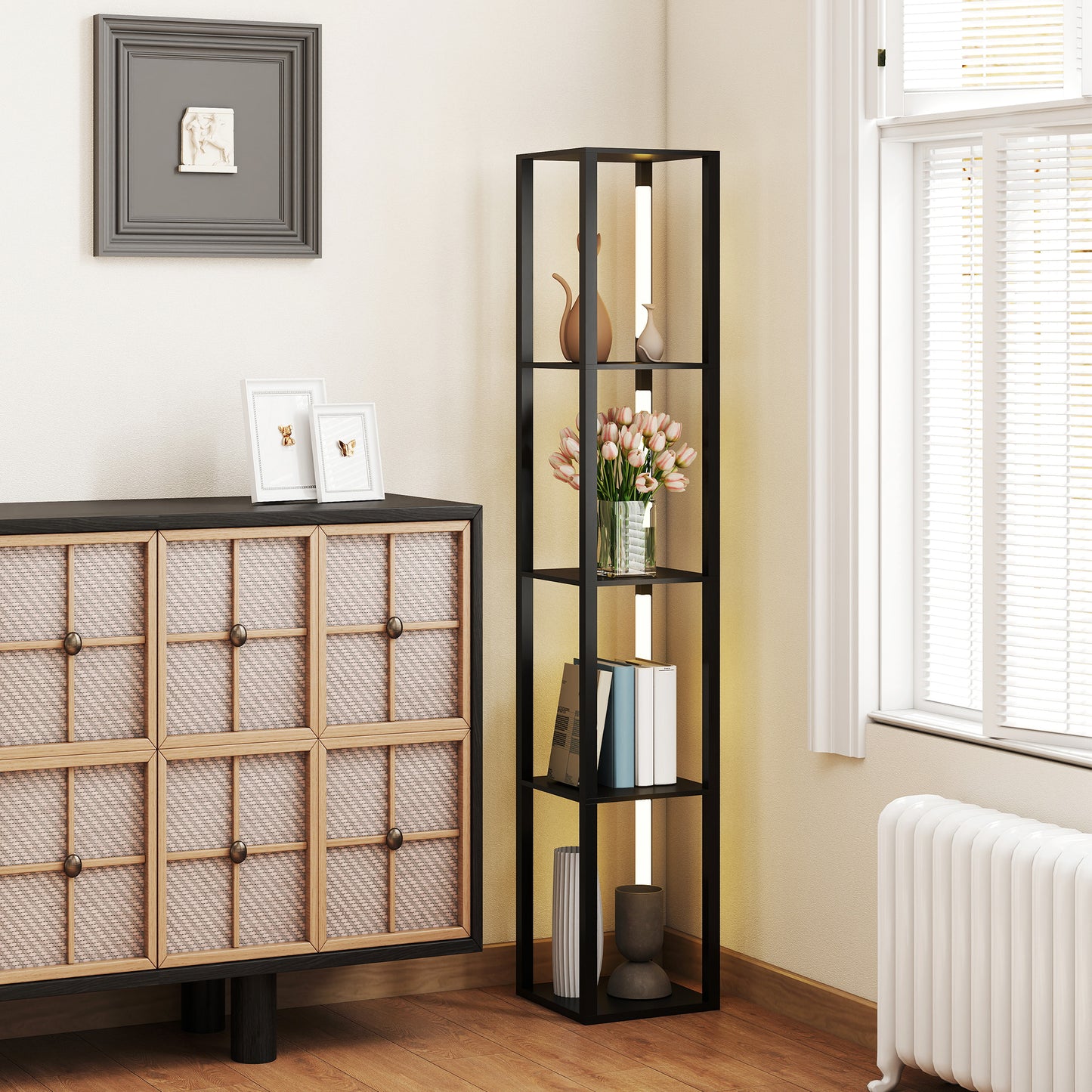 Floor Lamp with Shelves, 4 Layer Dimmable Column Modern Standing Lamp with 3 Brightness Levels and Foot Switch, Black