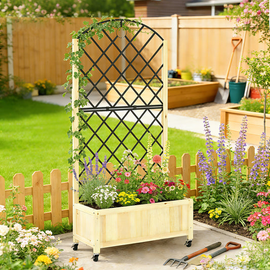 Raised Garden Bed with Metal Trellis | Wooden Elevated Planter Box | 50L Soil Capacity | 4 Wheels 2 Lockable | 30kg Max Load | 72x36x168cm | Natural Wood Finish