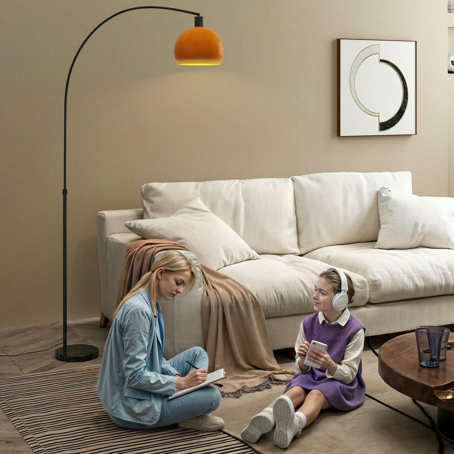 Modern Floor Lamp | Marble Base | Curved Head | Round Shade | Foot Switch | E27 | LED Compatible | 180cm | Black