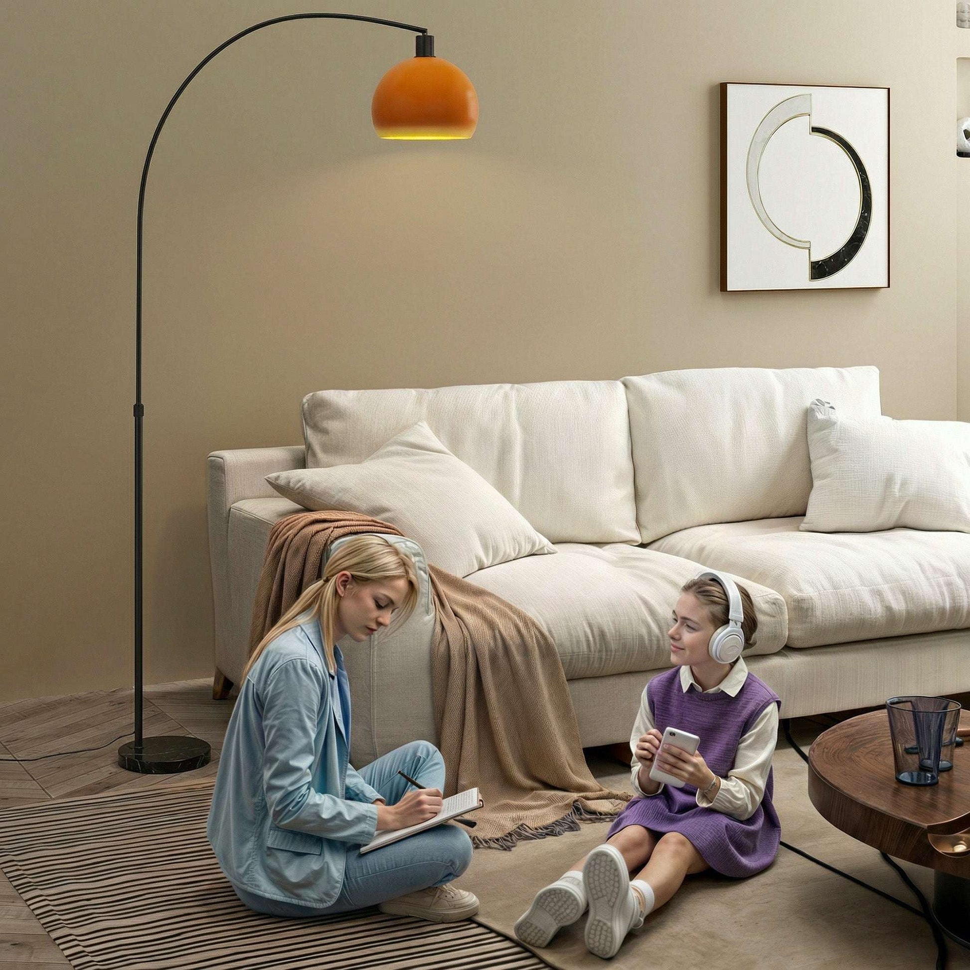 Modern Floor Lamp | Marble Base | Curved Head | Round Shade | Foot Switch | E27 | LED Compatible | 180cm | Black