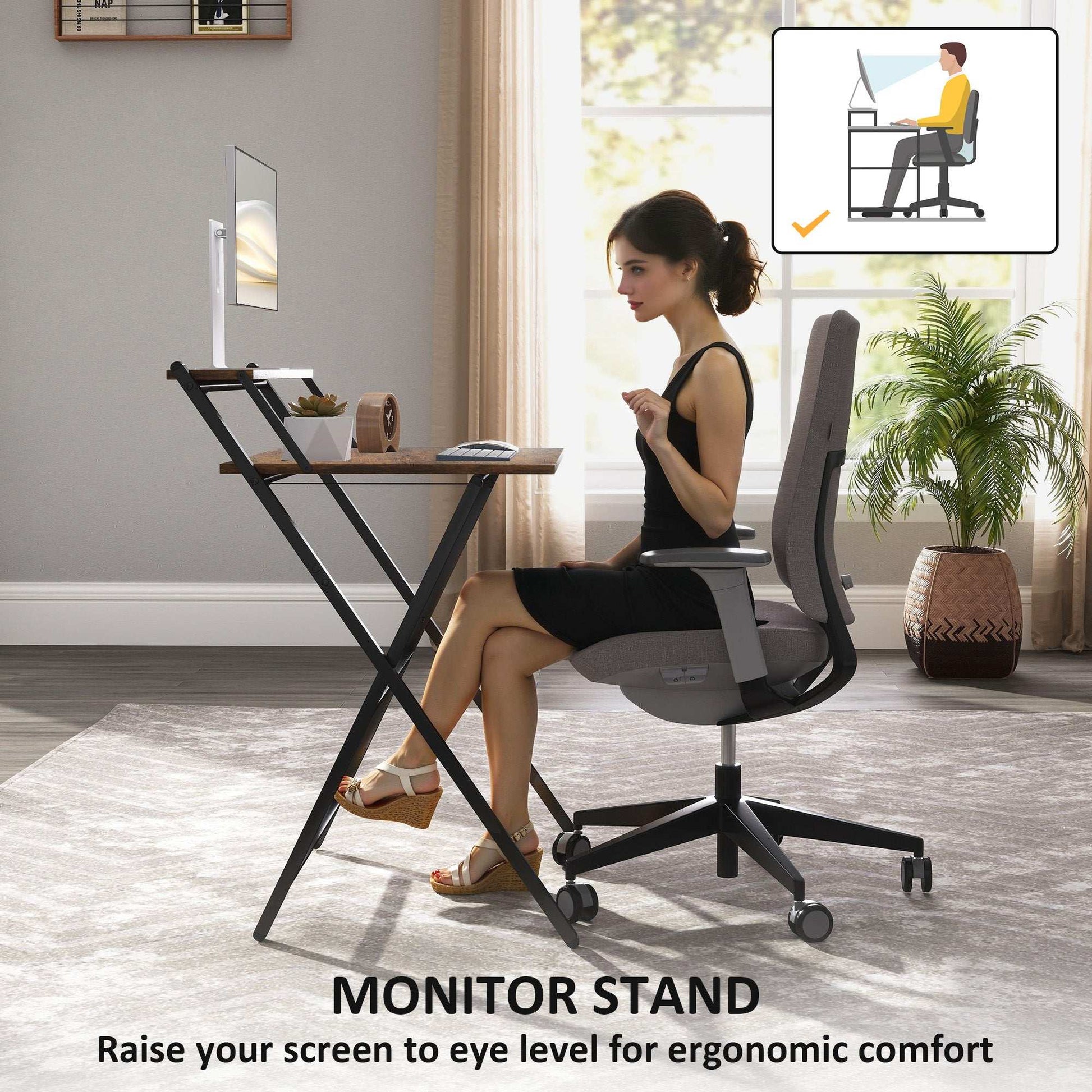 70 cm Folding Computer Desk with Monitor Shelf - Rustic Brown