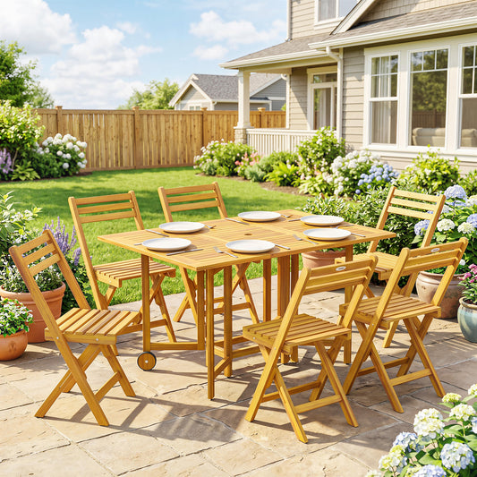 FSC Acacia 7-Piece Garden Dining Set | Extending Table | 6 Folding Chairs | Umbrella Hole | 130cm | Natural Wood