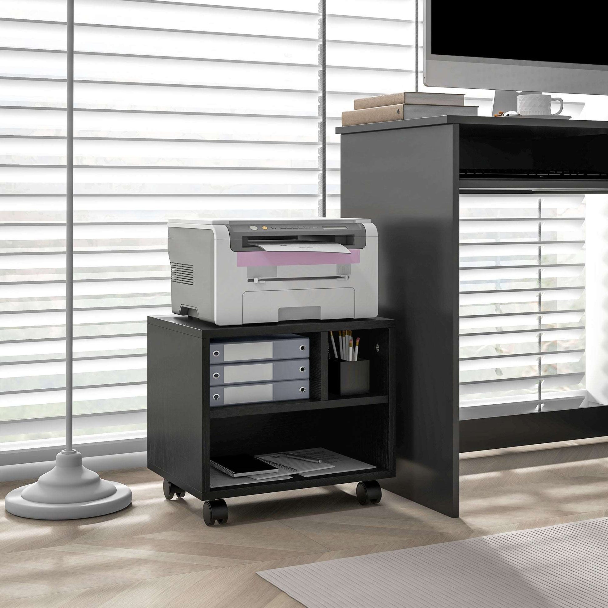 2-Tier Printer Stand with Storage, Under Desk Printer Cart on Wheels with 3 Compartments, Desktop Printer Table for Home Office, Black