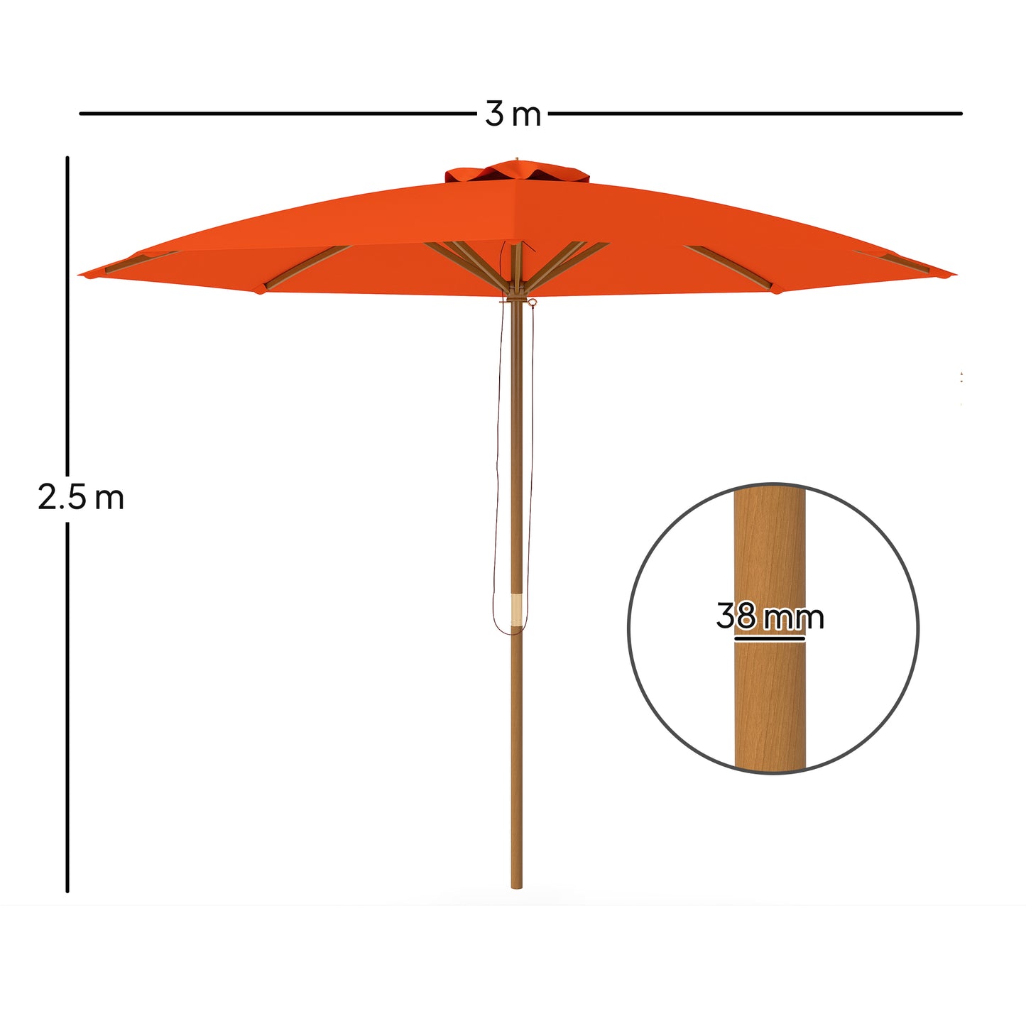 Outsunny 3(m) Wooden Patio Umbrella - Orange