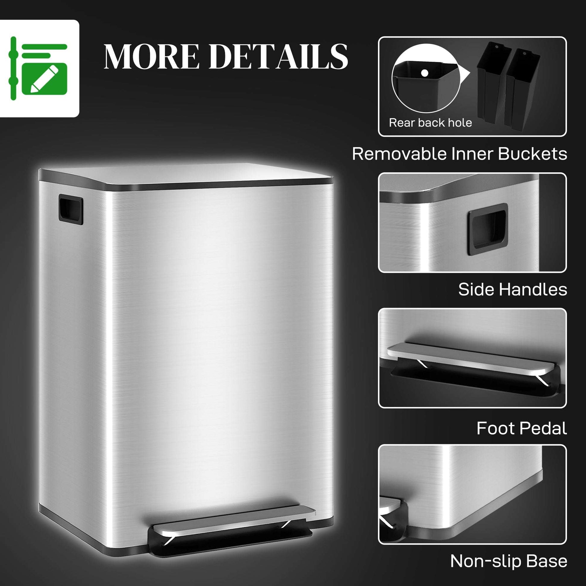 60L Dual Compartment Stainless Steel Bin, with Deodoriser Holders - Silver Tone
