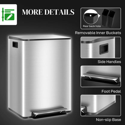 60L Dual Compartment Stainless Steel Bin, with Deodoriser Holders - Silver Tone