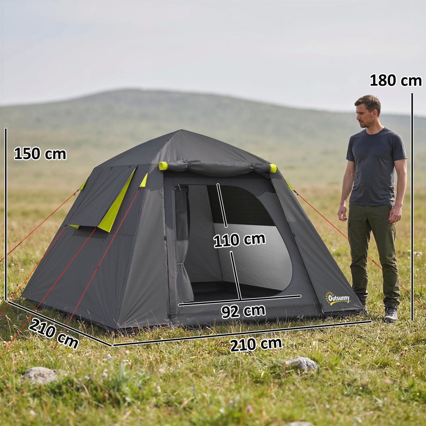 2-Person Camping Tent | 3000mm Waterproof | 190T Polyester | 2 Doors & 2 Windows | Fibreglass Poles | Grey & Green
