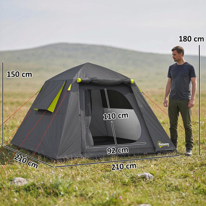 2-Person Camping Tent | 3000mm Waterproof | 190T Polyester | 2 Doors & 2 Windows | Fibreglass Poles | Grey & Green