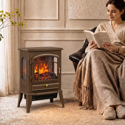 3-Sided Electric Fireplace Stove Heater | 1000/2000W Freestanding 3D Flame Effect with 10-35°C Thermostat | 15-30 m² | Brown, Grey or Black