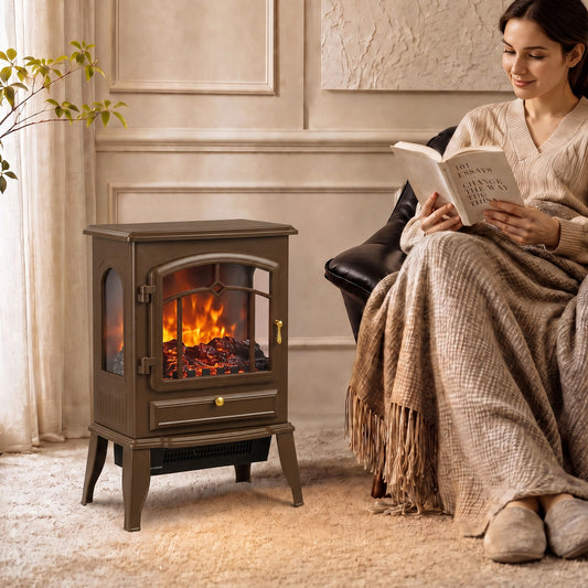 3-Sided Electric Fireplace Stove Heater | 1000/2000W Freestanding 3D Flame Effect with 10-35°C Thermostat | 15-30 m² | Brown, Grey or Black