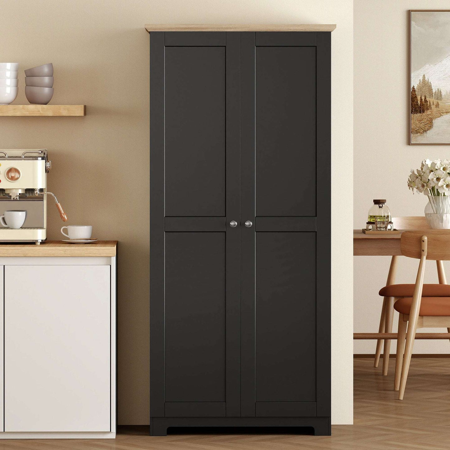 Freestanding Kitchen Cupboard | 172cm | 4 Shelves | 2 Doors | Wall Fixings | 30kg per Tier | MDF | Black