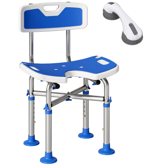Height Adjustable Shower Chair | U-Shaped Cutout | HDPE Padded Seat | Drainage Holes | Shower Head Holder | Non-Slip Suction Feet | 150kg X-Frame | MDR-CE & FDA Certified | 39-49cm | Blue