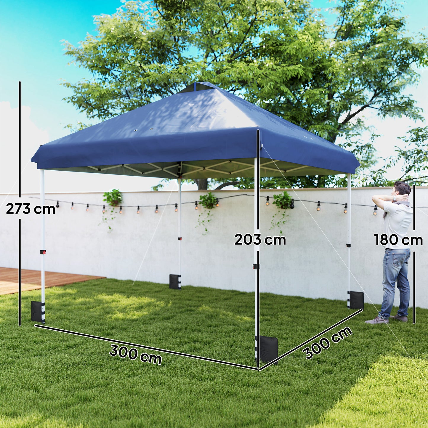 3x3m Pop-Up Gazebo with Flip-Down Wheels & One-Push Central Lock | UPF50+ 210D Oxford Fabric | Top Mesh Vent | 3-Height Adjustment | 4 Sandbags, 4 Guy Ropes & 12 Stakes | Carry Bag | 300x300x273cm | Dark Blue & White