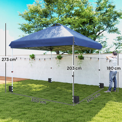 3x3m Pop-Up Gazebo with Flip-Down Wheels & One-Push Central Lock | UPF50+ 210D Oxford Fabric | Top Mesh Vent | 3-Height Adjustment | 4 Sandbags, 4 Guy Ropes & 12 Stakes | Carry Bag | 300x300x273cm | Dark Blue & White
