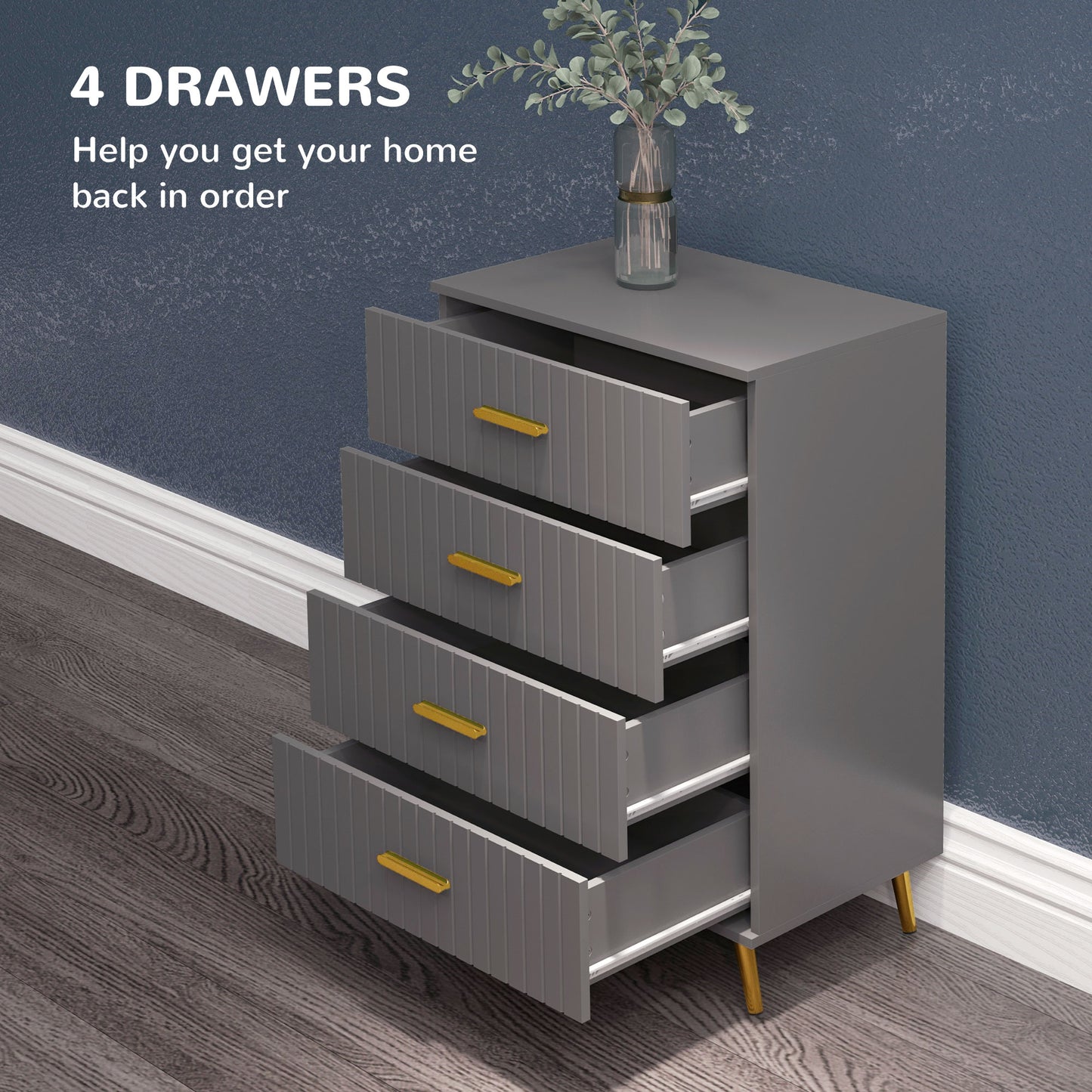 Bedroom Chest of Drawers, Modern 4-Drawer Dresser, Storage Drawer Unit with Aluminium Legs, Dark Grey
