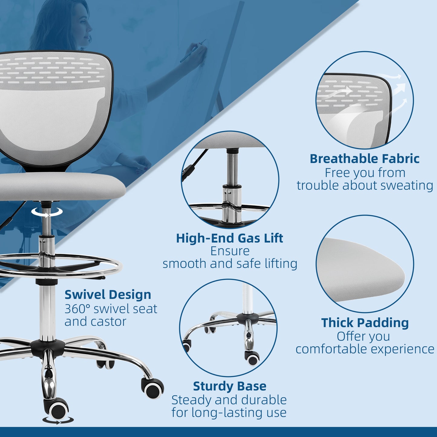 Draughtsman Chair for Tall Desks | Armless | Mesh Back | Padded Seat | Adjustable Foot Ring | 106-126cm Height | 110kg | Light Grey