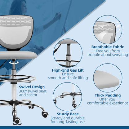 Draughtsman Chair for Tall Desks | Armless | Mesh Back | Padded Seat | Adjustable Foot Ring | 106-126cm Height | 110kg | Light Grey