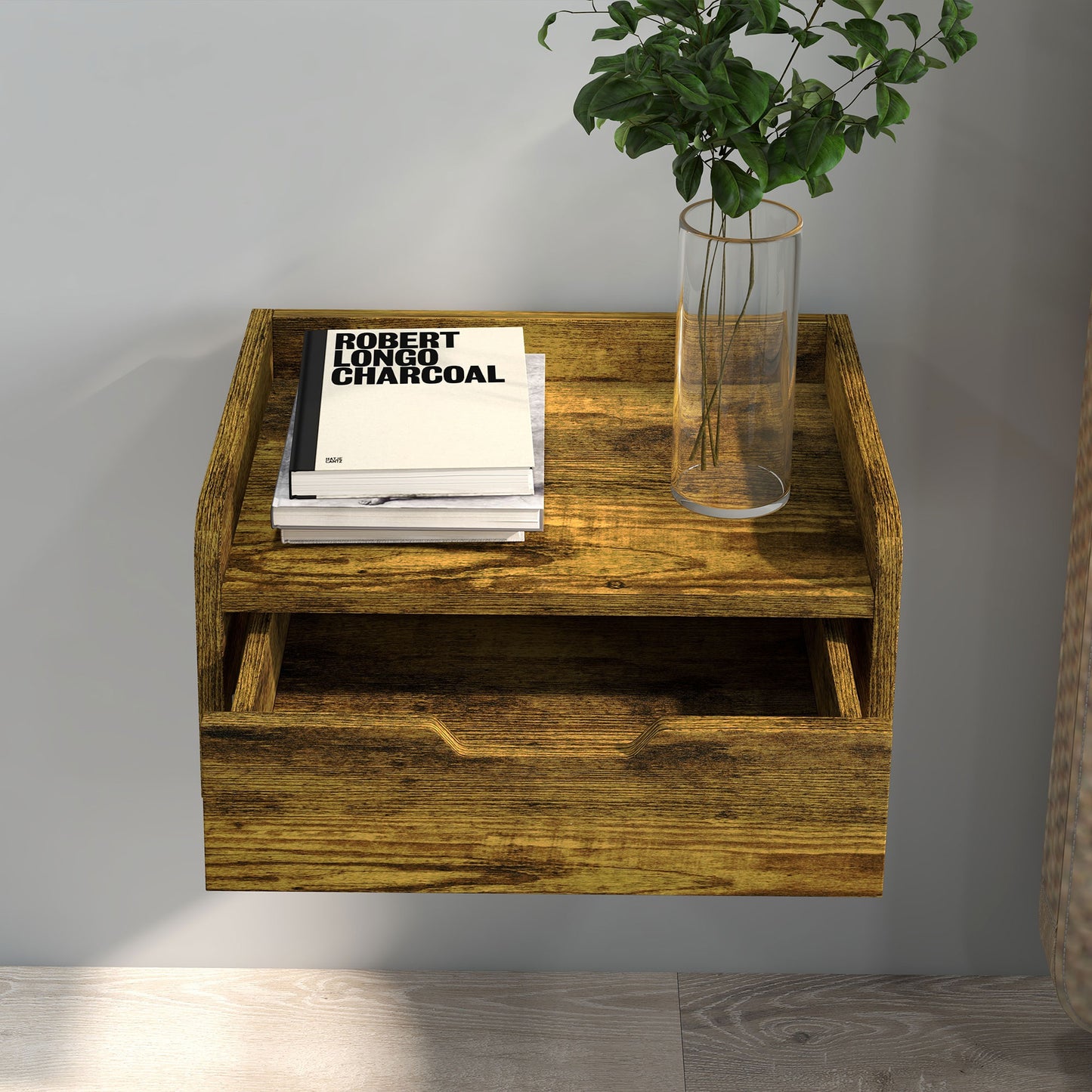 Floating Nightstand Set of 2 Wall Mounted Bedside Table with Storage Drawer for Bedroom, Rustic Brown