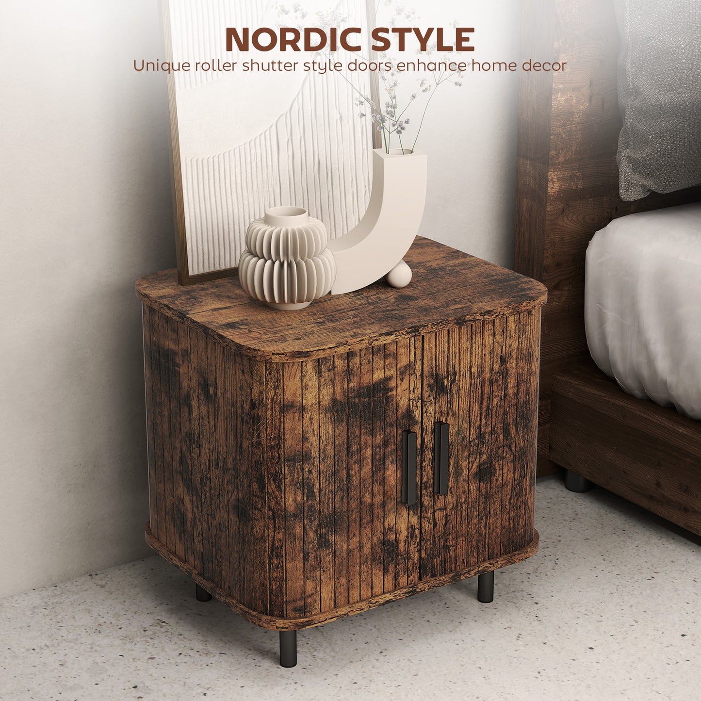 Mid-Century Sideboard & Nightstand Set | Tambour Sliding Doors | 2-Tier Storage | Steel Legs | Anti-Tip | Oak & Black | Rustic Brown