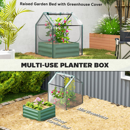 2-in-1 Raised Garden Bed with Mini Greenhouse Cover | Galvanised Steel Base | Open Bottom | 2 Roll-Up Windows | 10cm Soil Anchor Edge | 61x61x29.5cm Bed | 70x70x90cm Cover | Green & Clear