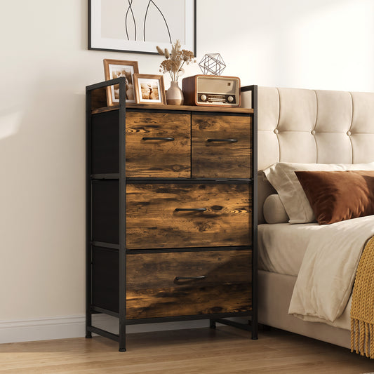 Rustic Chest of Four Fabric Drawers | Rustic Brown & Black | Particleboard Steel Linen | 50x29x85cm | 25kg Max Load | Adjustable Feet | Industrial Style | Bedroom Storage