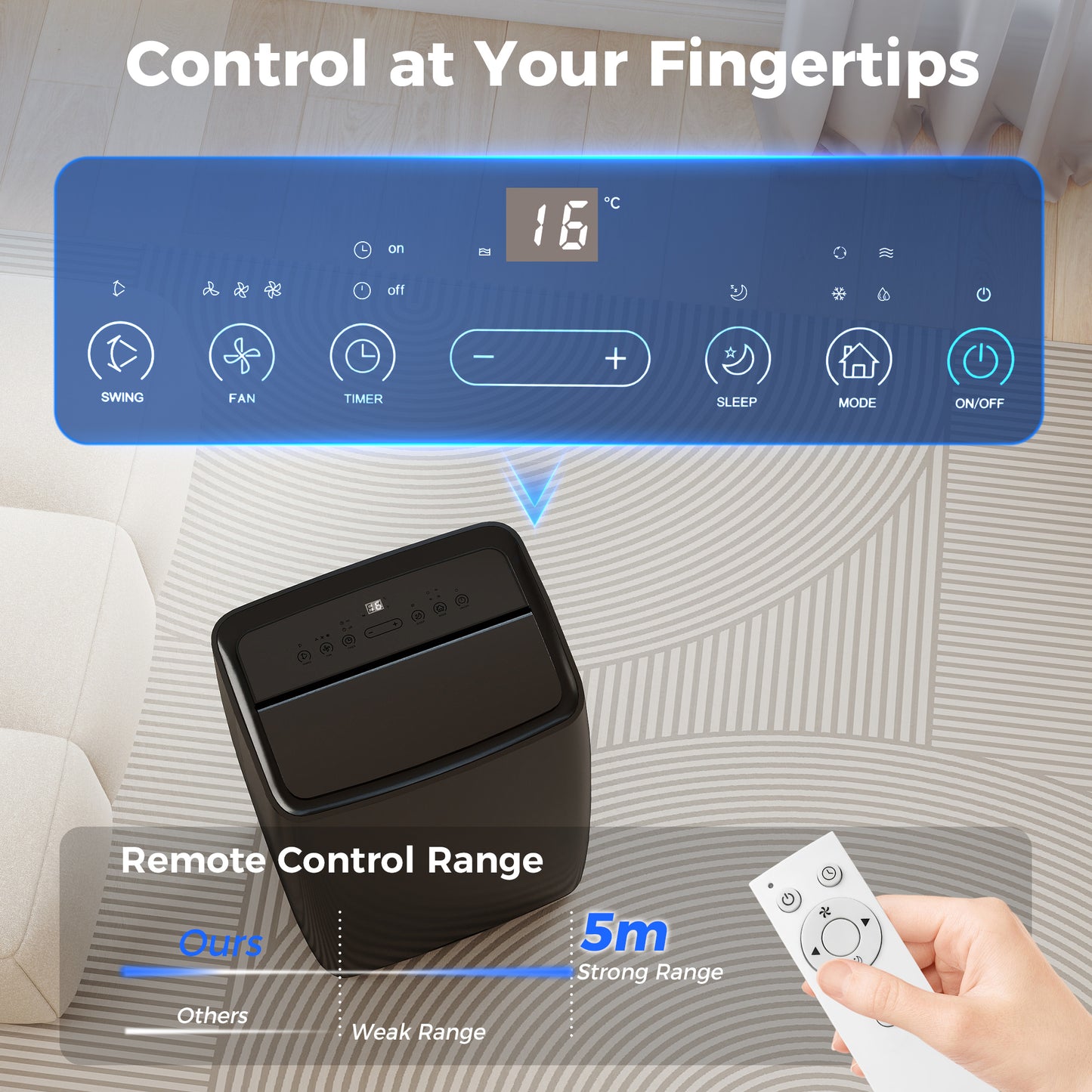 Portable Air Conditioner | 12000 BTU | 4-in-1 Cool Dehumidify Fan Sleep | 18-35m² | A Energy Rated | 24hr Timer | Remote Control | Black