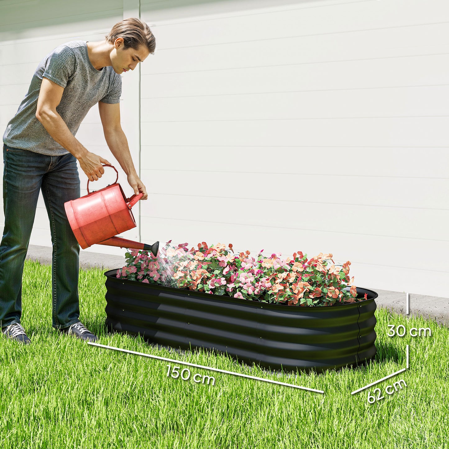 Flexible Galvanised Steel Raised Garden Bed | Safety Rubber Edging | Open Bottom | Configurable Round Oval or Oblong | 150x62x30cm | For Flowers Herbs & Succulents | Black
