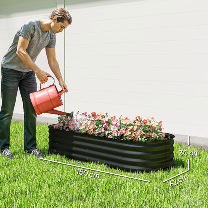 Flexible Galvanised Steel Raised Garden Bed | Safety Rubber Edging | Open Bottom | Configurable Round Oval or Oblong | 150x62x30cm | For Flowers Herbs & Succulents | Black
