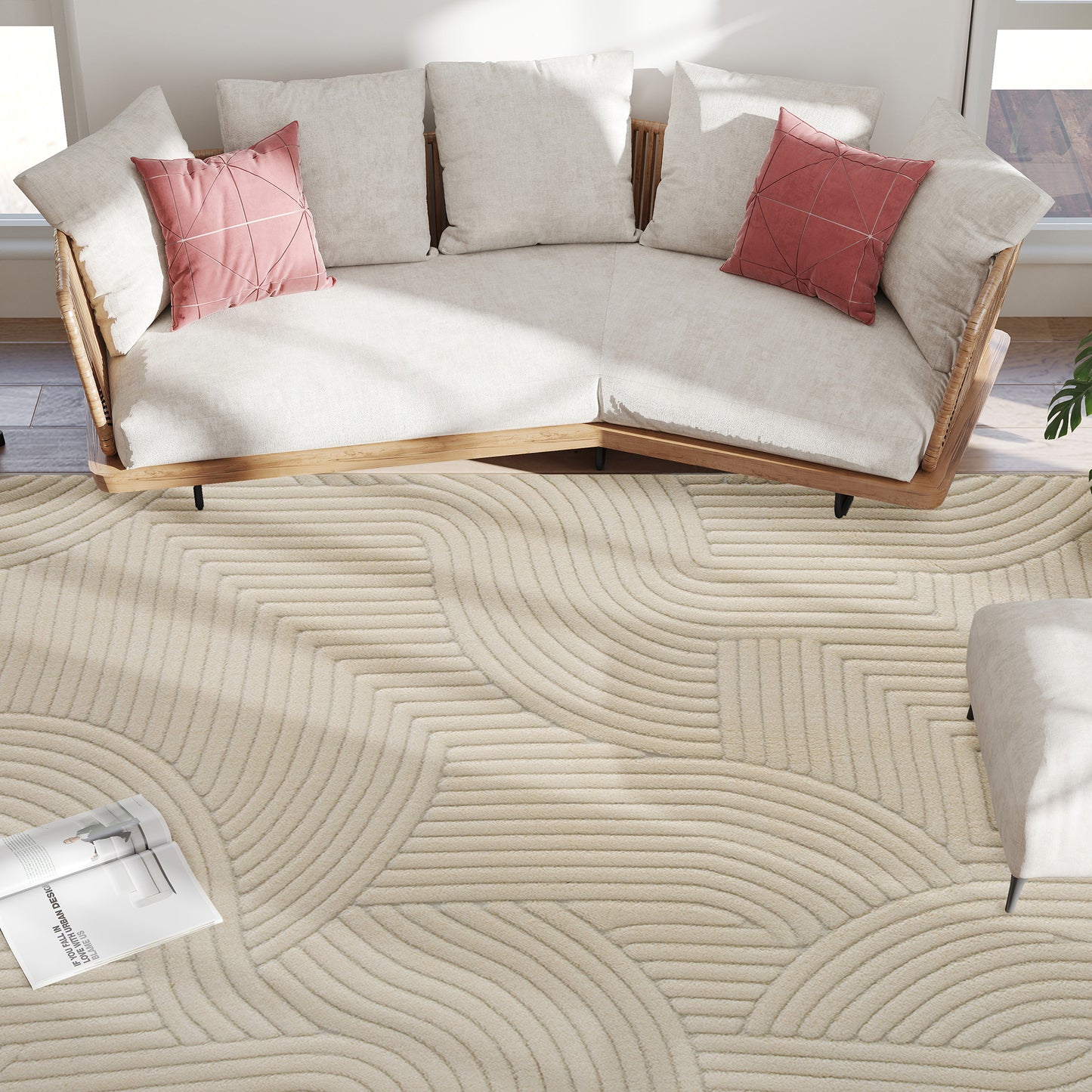 Modern Geometric Jacquard Rug | 15mm Plush Pile | Non-Slip Cotton-Polyester Backing | Reinforced Edges | 160x120cm | Cream