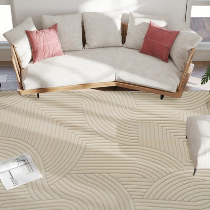 Modern Geometric Jacquard Rug | 15mm Plush Pile | Non-Slip Cotton-Polyester Backing | Reinforced Edges | 160x120cm | Cream