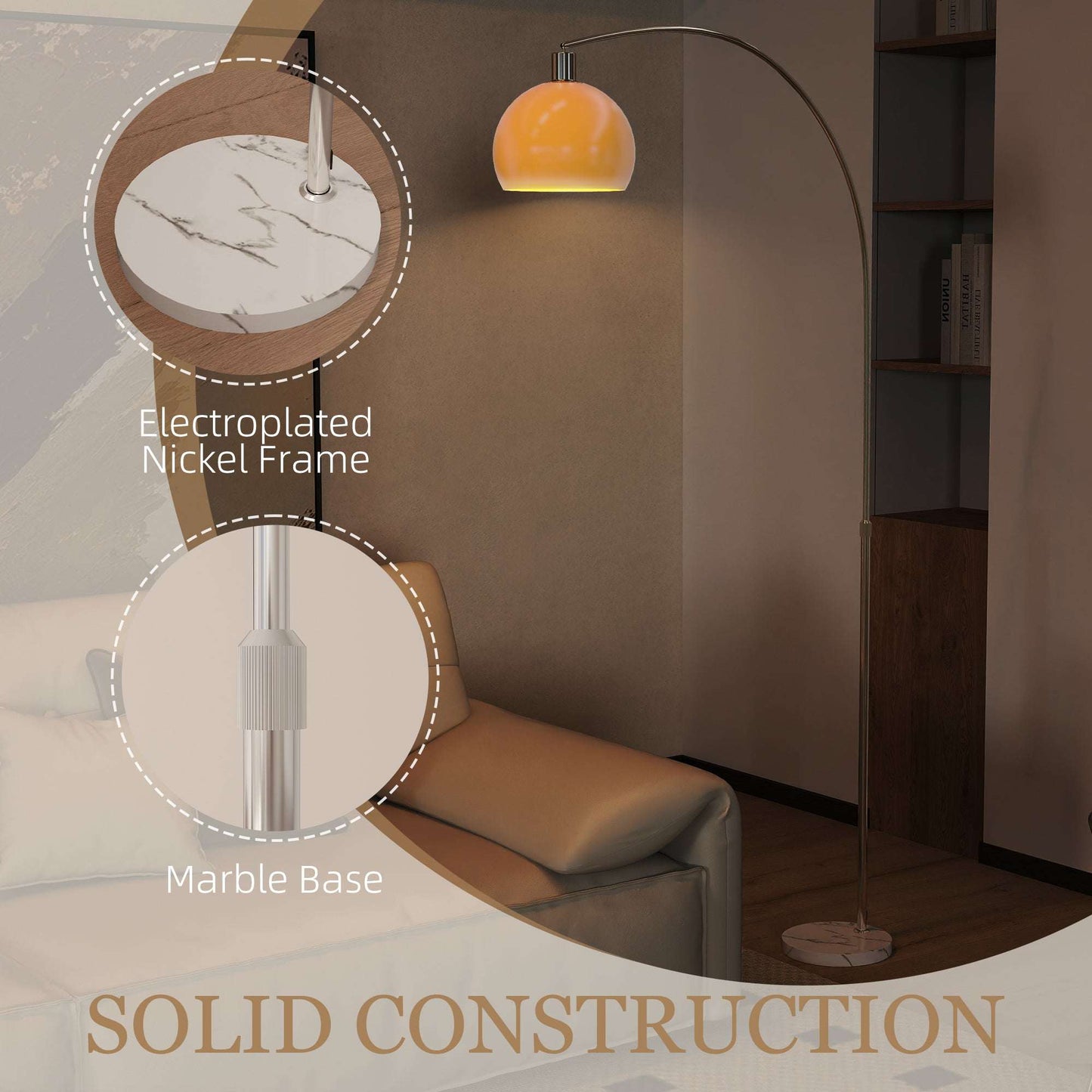 Floor Lamp | Curved Head | Round Shade | Marble Base | Electroplated Nickel Finish | E27 | Foot Switch | 180cm | 40W | White