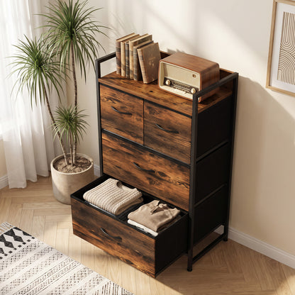 Rustic Chest of Four Fabric Drawers | Rustic Brown & Black | Particleboard Steel Linen | 50x29x85cm | 25kg Max Load | Adjustable Feet | Industrial Style | Bedroom Storage