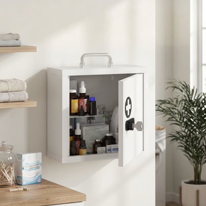 Medicine Cabinet | White Wall-Mounted 2-Tier Stainless Steel First Aid Storage with Dual Locks