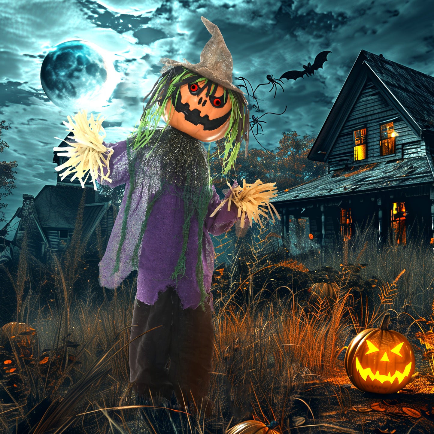 114cm 45" Pumpkin Outdoor Halloween Decoration, Halloween Animatronic with Sound Activated, Light Up Eyes, Music, Animated Prop for Haunted House