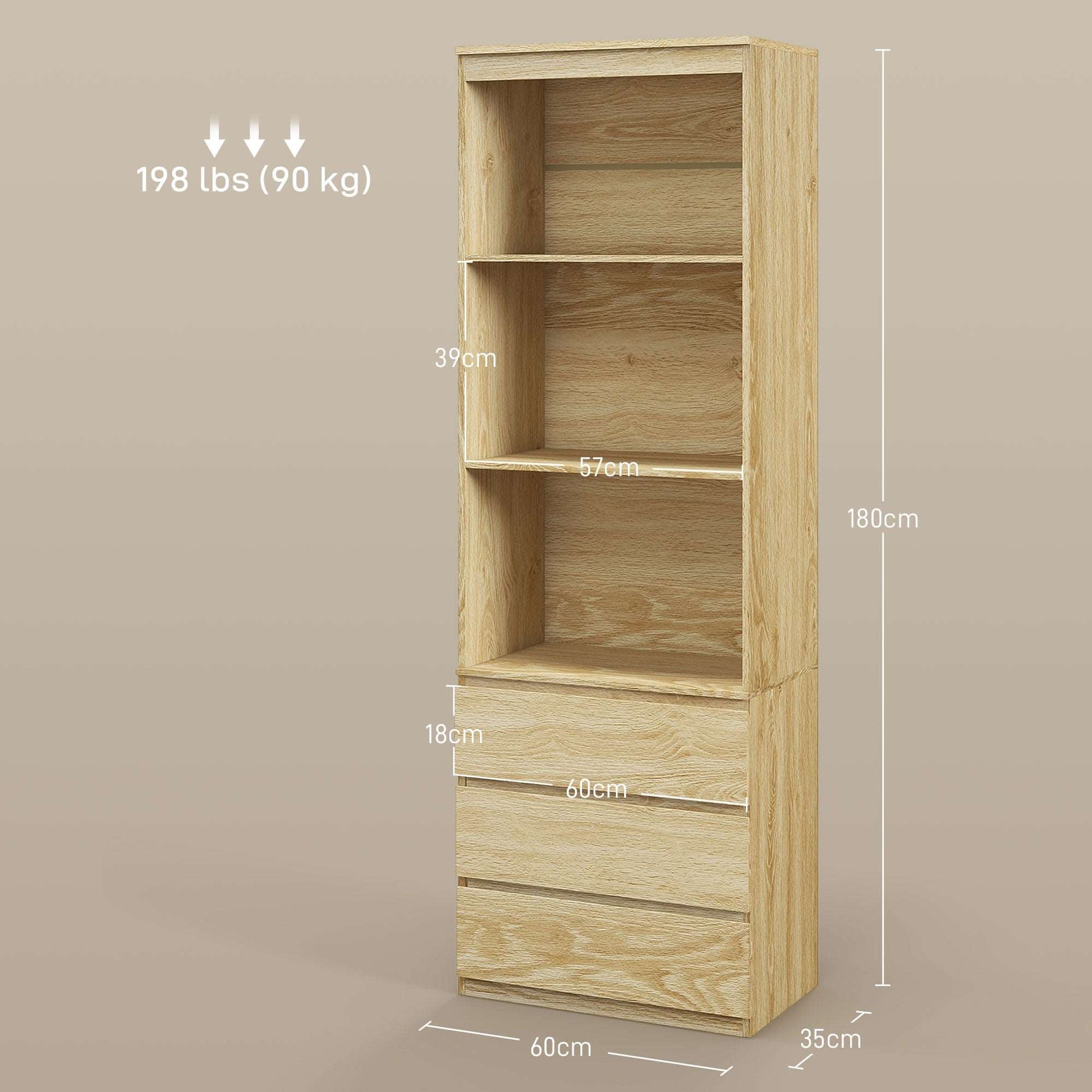 180cm Tall Bookcase with Storage, Free Standing Bookshelf with 3 Shelves and 3 Drawers, Display Cabinet for Living Room, Home Office, Bedroom, Oak