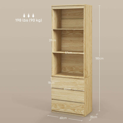 180cm Tall Bookcase with Storage, Free Standing Bookshelf with 3 Shelves and 3 Drawers, Display Cabinet for Living Room, Home Office, Bedroom, Oak