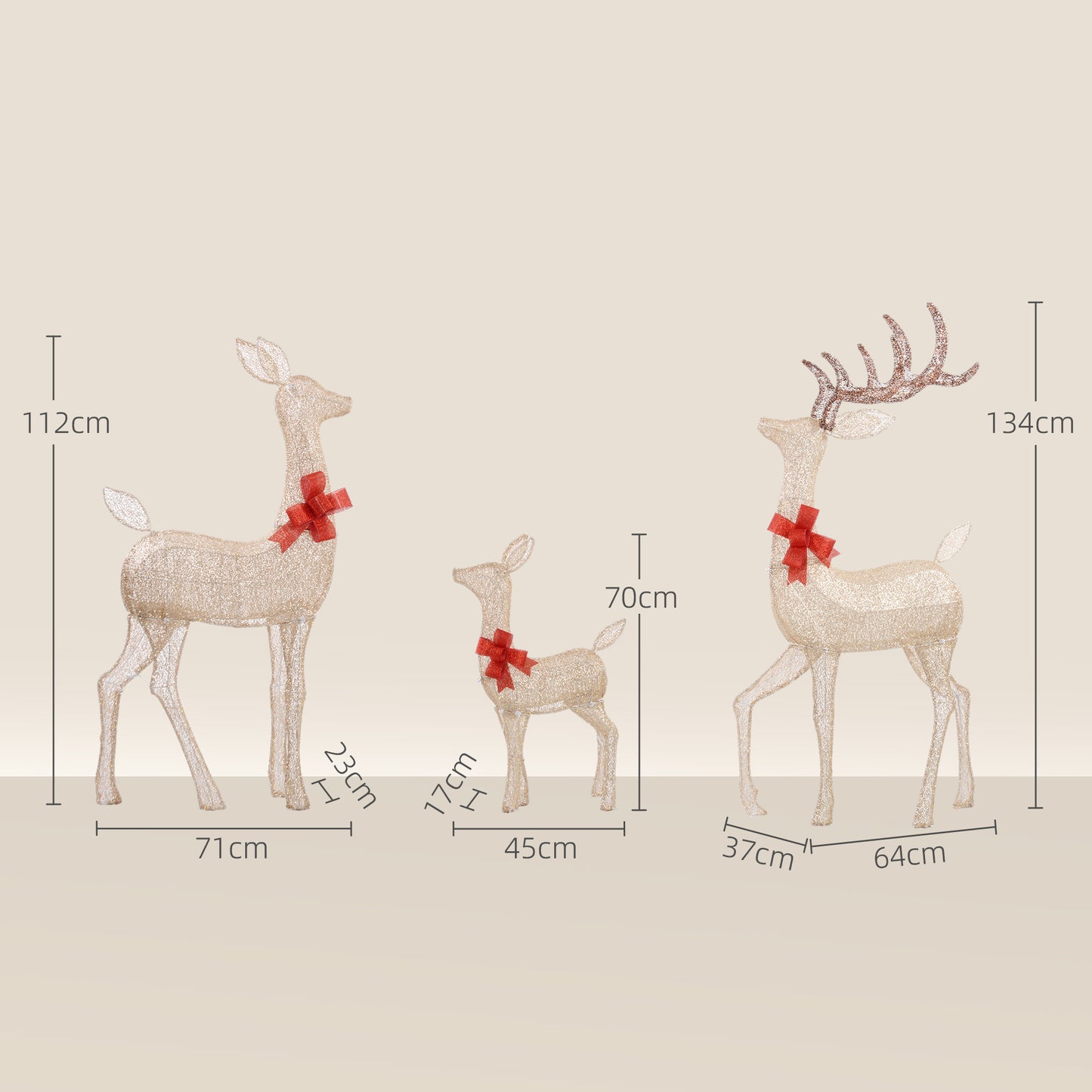 Lighted Reindeer Christmas Decorations Outdoor, 3-Piece Light Up Deer Family Set of 3 with 283 LED Lights for Indoor, Lawn, Garden, Gold Tone